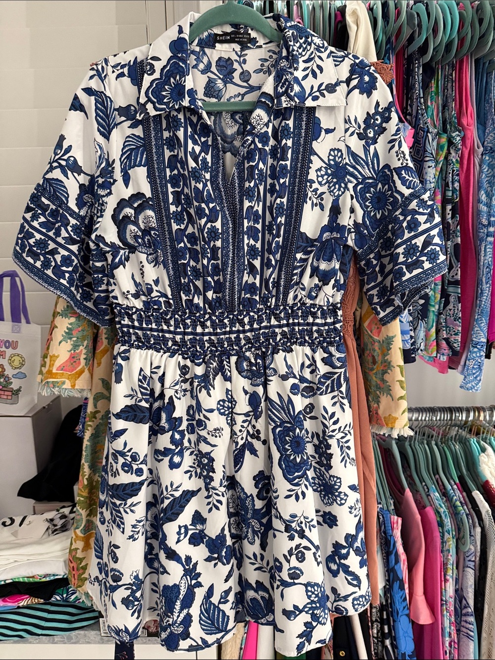 SHEIN White Midi Dress with Blue Floral Print